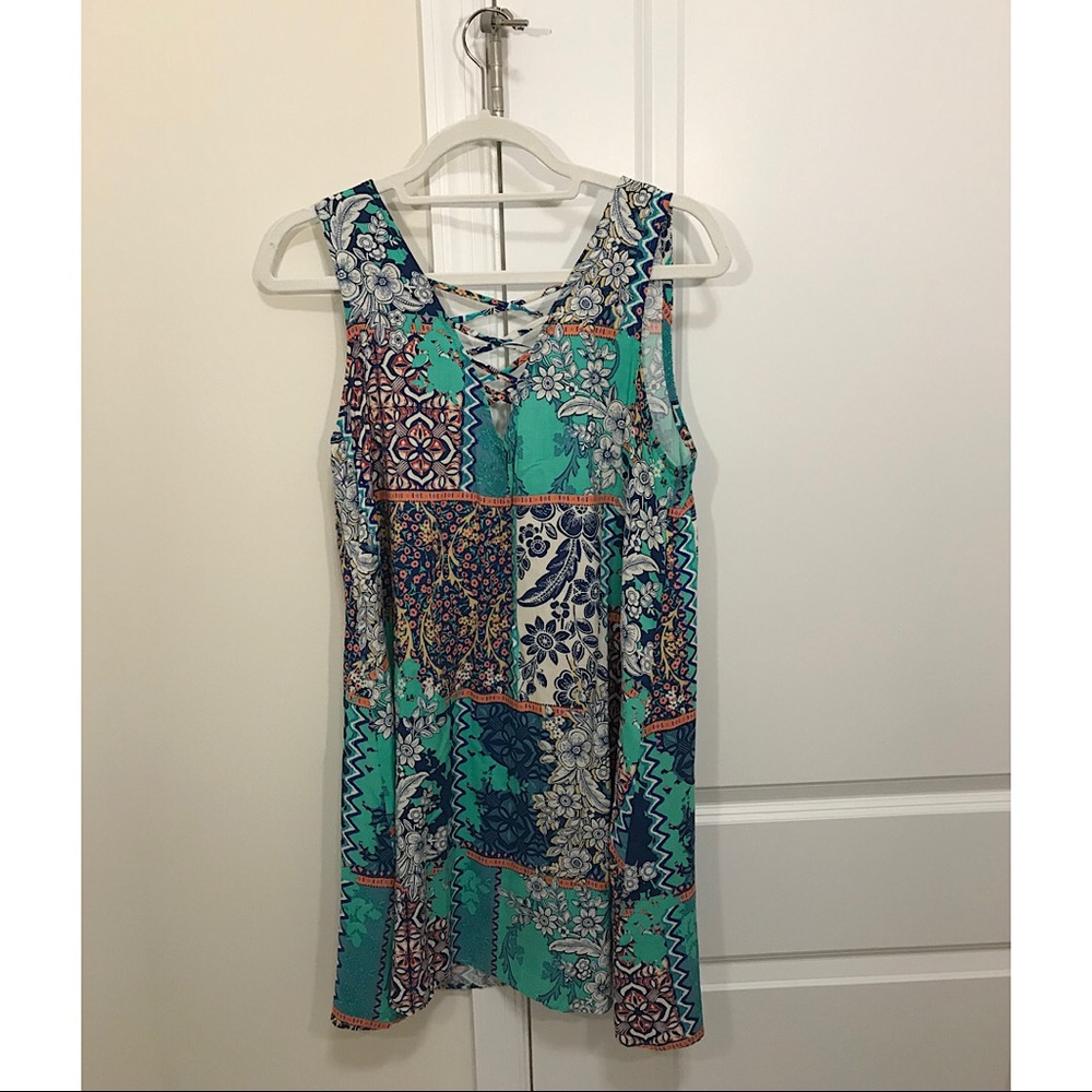 Multicolor Pattern Lace Up Shift Dress